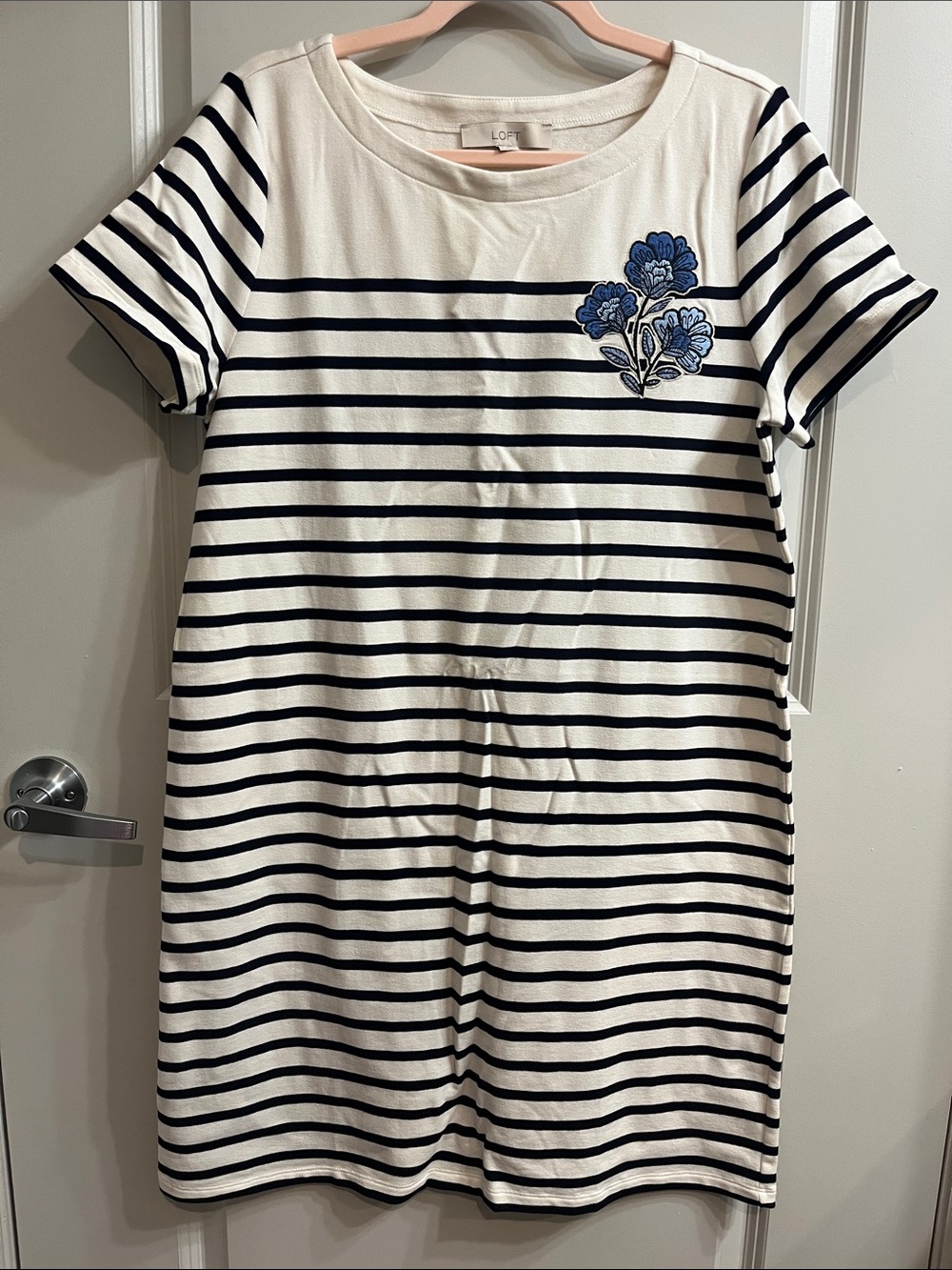 LOFT Navy & White Striped Dress with Blue Floral Embroidery